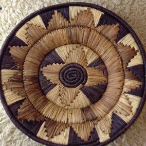 VTG African Woven Basket; Coiled Peace Basket, Natural Dyes, Spiral Pattern,